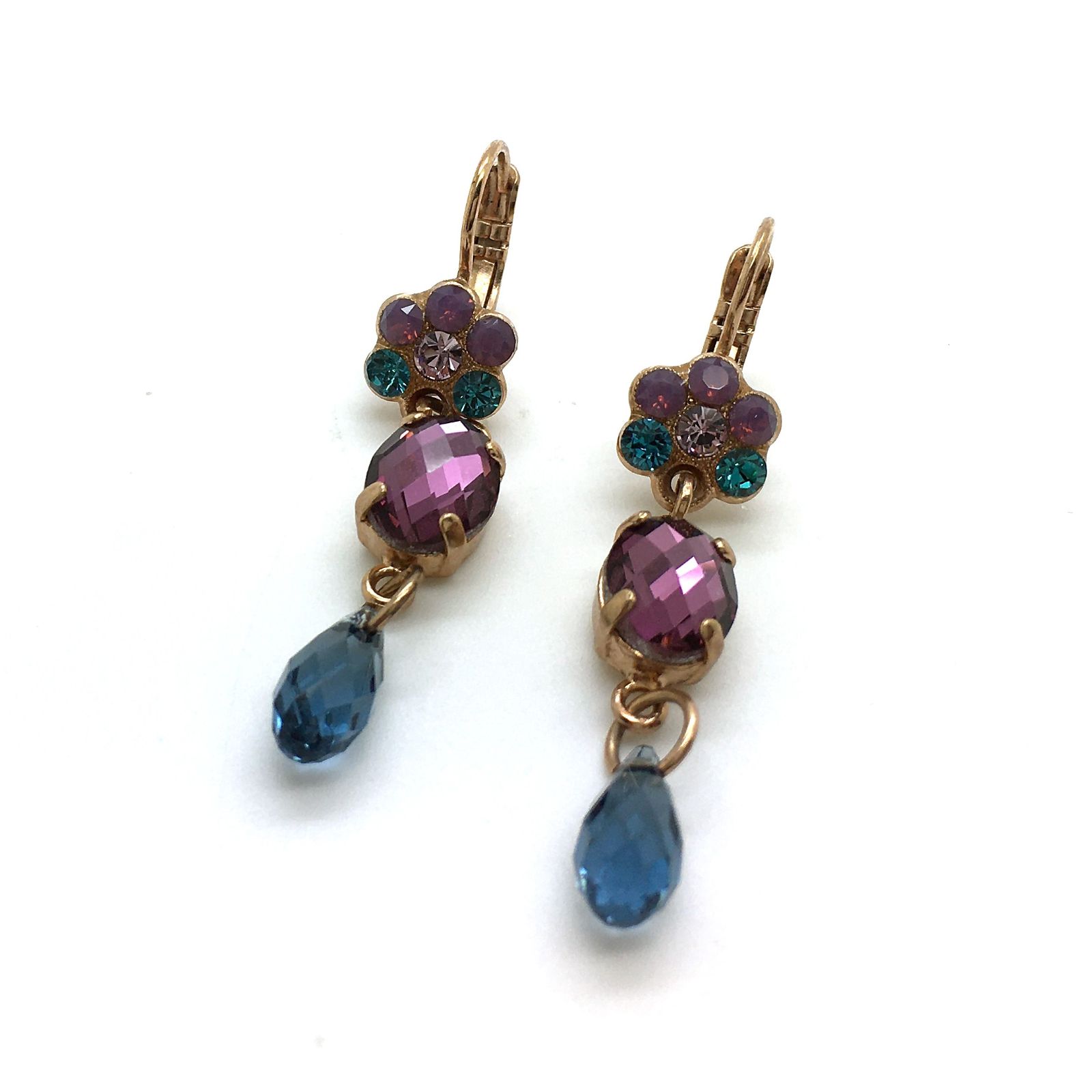 E-1019-1-1312-RG (2) Mariana Earrings Floral Triple Tier Strand Emerald & Pink Crystal Swarovski Luck Inspiration Coll. - Image 1