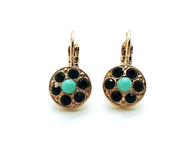 Mariana Earrings Dainty Round Drop Jet Black & Trquoise Crystal Swarovski Zanzibar Africa Coll.
