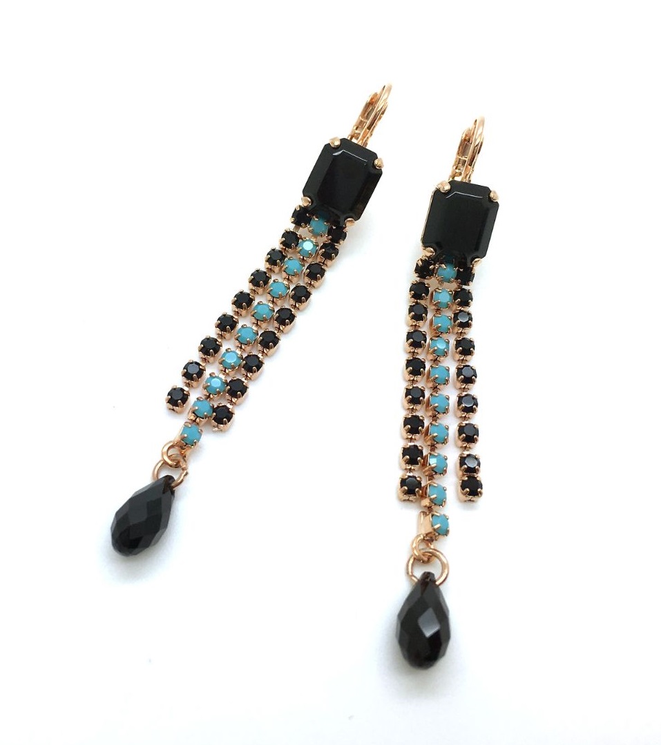E-1518-1-280267-RG (2) Mariana Earrings Elegant Dangling Jet Black & Turquoise Crystal Swarovski My Treasures Coll. - Image 1
