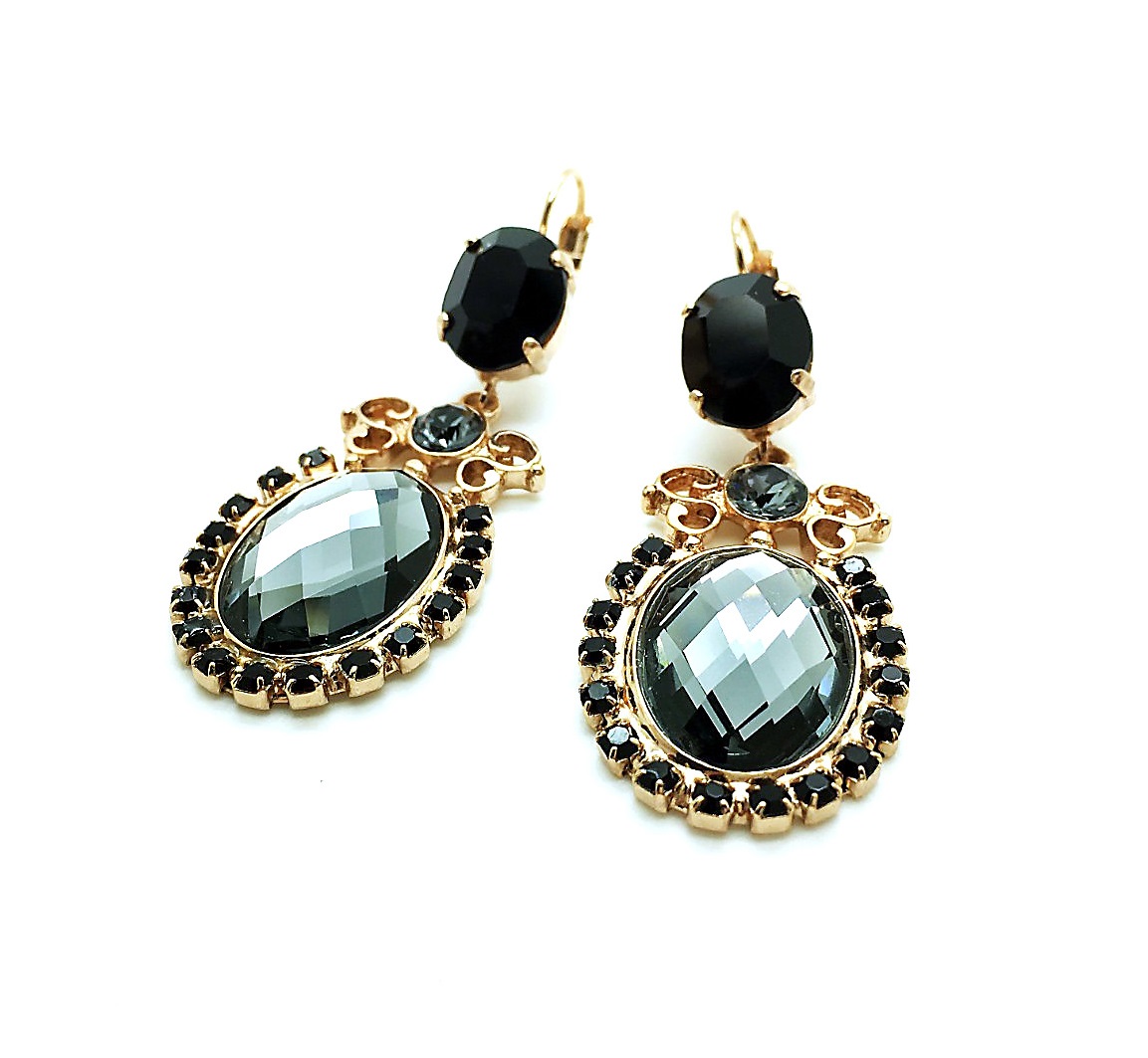 E-1023-6-280-RG6 (1) Mariana Earrings Sophisticated Oval Shape Black Diamond & Jet Black Crystal Swarovski My Treasures Coll. - Image 1