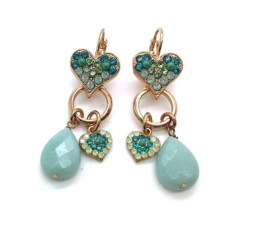 E-1039-M1076-RG6 (2) Mariana Earrings Charms Chandelier & Heart Shape Beaded Green Quartz Mineral Congo Africa Coll. - Image 1