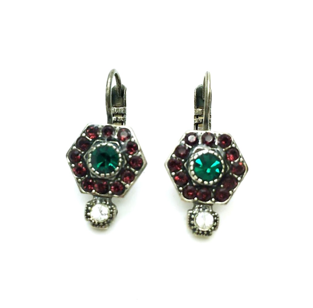 E-1411-3-1003-SP (2) Earrings By Mariana Woman Hexagon Beaded Burgundy, Emerald and Clear Swarovski Crystals - Image 1