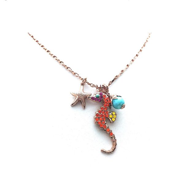 Mariana Pendant Necklace Seahorse Turquoise Mineral & Orange Swarovski Crystals Masai Africa Coll.