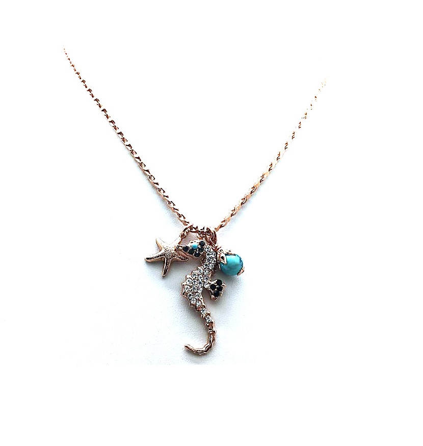 N-5077 M1081 (2) Mariana Pendant Necklace Seahorse Turquoise, Shell Minerals & Swarovski Crystals Zanzibar Africa Coll. - Image 1