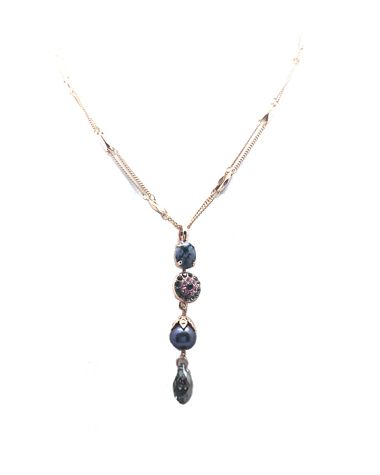 N-5416-1-M1083 (2) Mariana Pendant Necklace Snowflake Obsidian & Rose & Sapphire Swarovski Crystals Serengeti Africa Coll. - Image 1