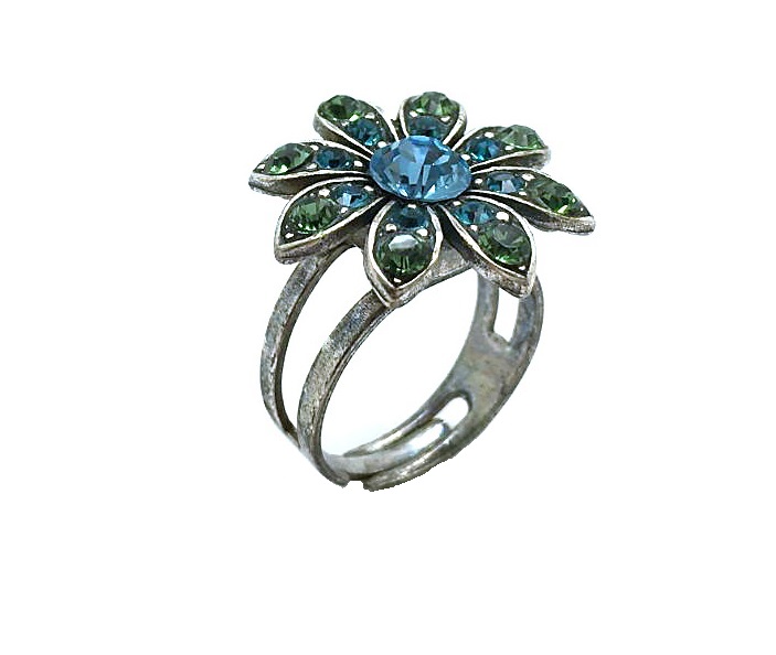 R-7125-707-SP (2) Ring By Mariana Woman Flower Shape Beaded Turquoise and Peridot Swarovski Crystals - Image 1