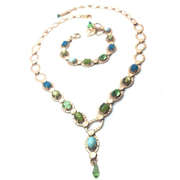 Jewelry Set By Mariana Woman Bracelet and Necklace Turquoise Mineral and Swarovski Crystals