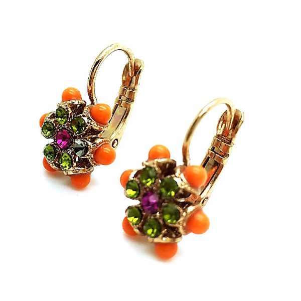 Earrings By Mariana Woman Dainty Flower Shape Fuchsia, Grass Green and Orange Swarovski Crystals
