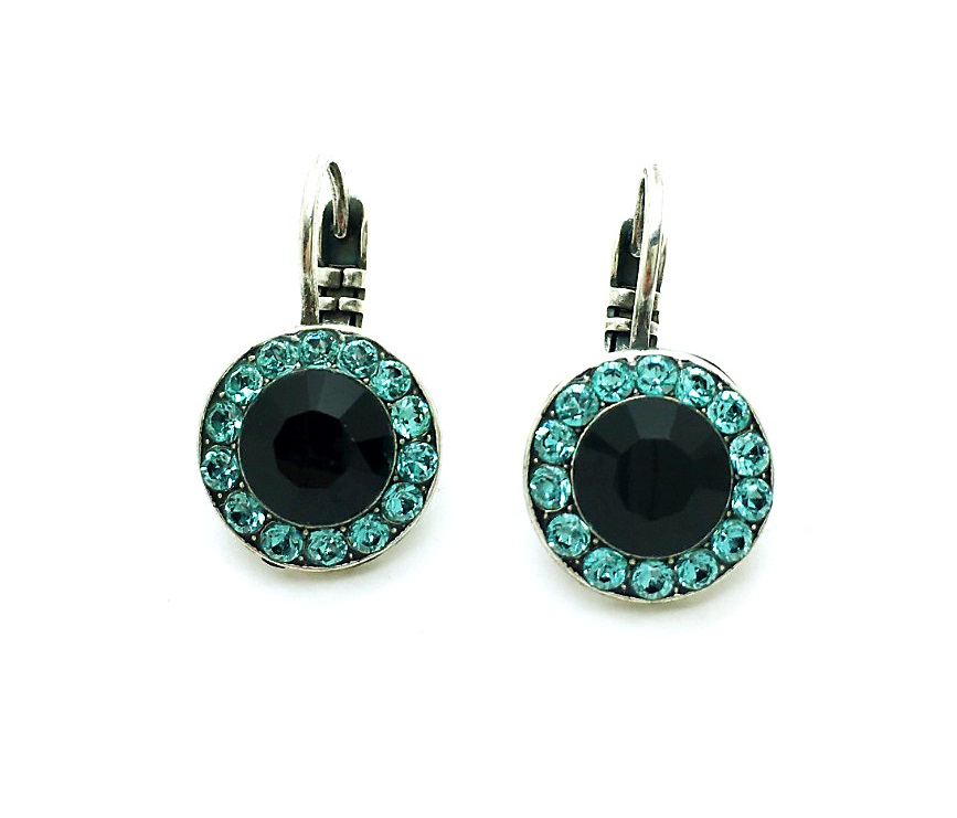 E-1129-1104-SP (6) Mariana Earrings Charming Round Beaded Light Blue & Jet Crystal Swarovski St Barts Caribbean Life Coll. - Image 1