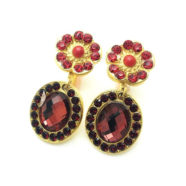 Mariana Earrings Exquisite Flower Shape Siam & Oval Faceted Burgundy Crystal Swarovski Lady in Red Songbook Coll.