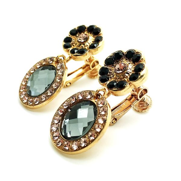 Mariana Earrings Elegant Flower Beaded Jet & Oval Faceted Black Diamond Crystal Swarovski Black Velvet Songbook Coll.