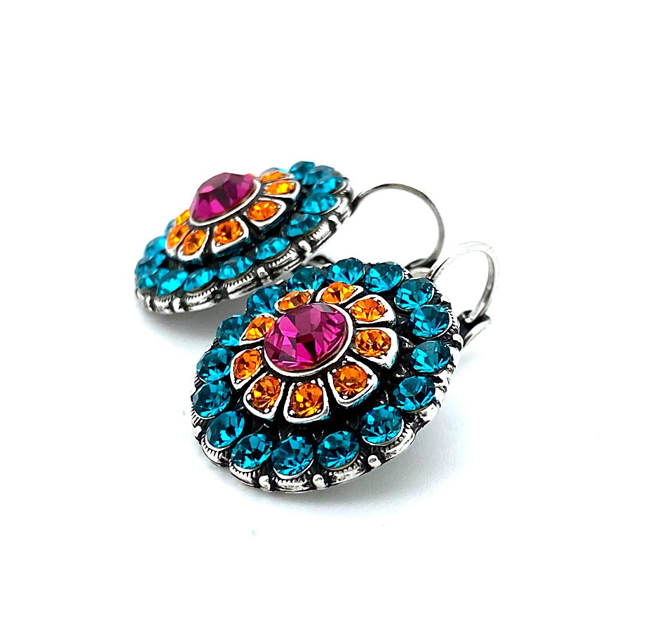 E-1131-1-1077-SP6 (3) Earrings By Mariana Masai Africa Coll. Shimmering Round Floral Aquamarine, Sun & Fuchsia Austrian Crystals - Image 1