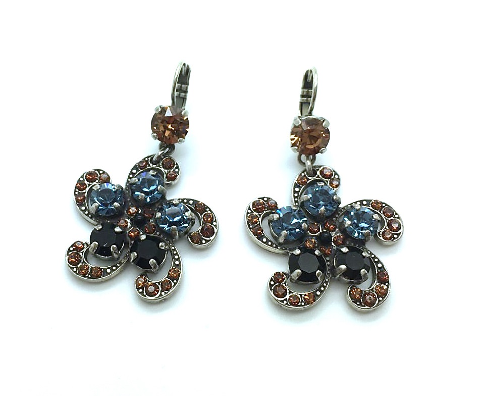 E-1236-1321-SP (2) Mariana Earrings Alluring Flower Shape Jet, Champagne & Navy Blue Crystal Swarovski Carnival Dancing the Night Away Coll. - Image 1