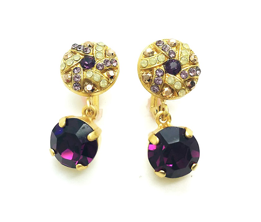 E-1259-2-1072-MY1 (1) Earrings By Mariana Bohemian Rhapsody Coll. Finely Round Yellow Earthy, Dorado & Purple Austrian Crystals - Image 1