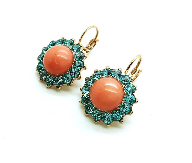 E-1317-M1079-RG (1) Earrings By Mariana Woman Sassy Floral Coral Mineral and Aquamarine Swarovski Crystals - Image 1