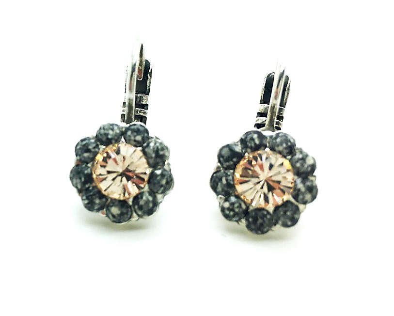 E-1379-1035-SP6 (1) Mariana Earrings Flower Shape Snowflake Obsidian Mineral & Champagne Austrian Crystals Luxury Nirvana Coll. - Image 1