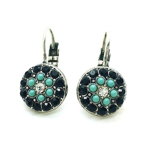 Mariana Earrings Adorable Round Floral Jet, Turquoise & Clear Austrian Crystals Zanzibar Africa Coll.