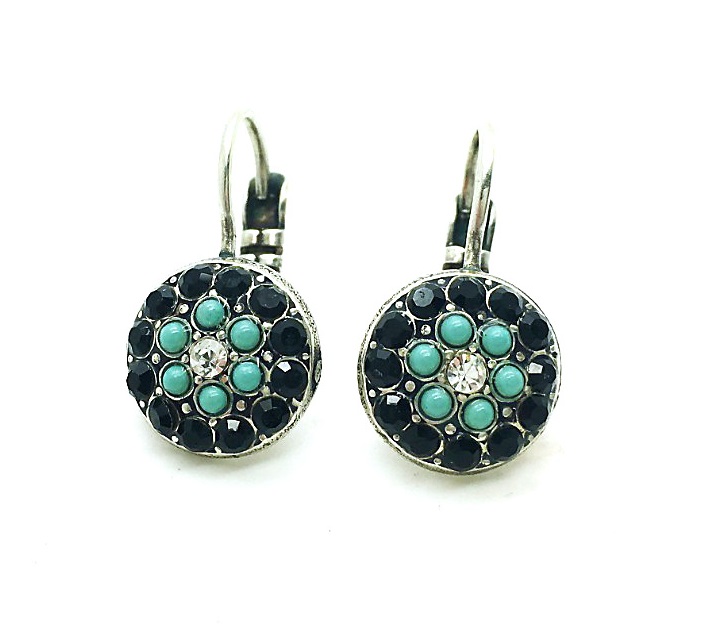 E-1416-1081-SP6 (2) Mariana Earrings Adorable Round Floral Jet, Turquoise & Clear Austrian Crystals Zanzibar Africa Coll. - Image 1