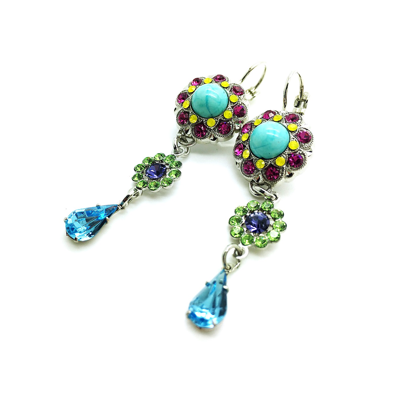 E-14171111-M333-1-RO6 (1) Mariana Earrings Turquoise Mineral, Sapphire,Blue,Green,Yellow & Purple Swarovski Crystals My Treasures Coll. - Image 1