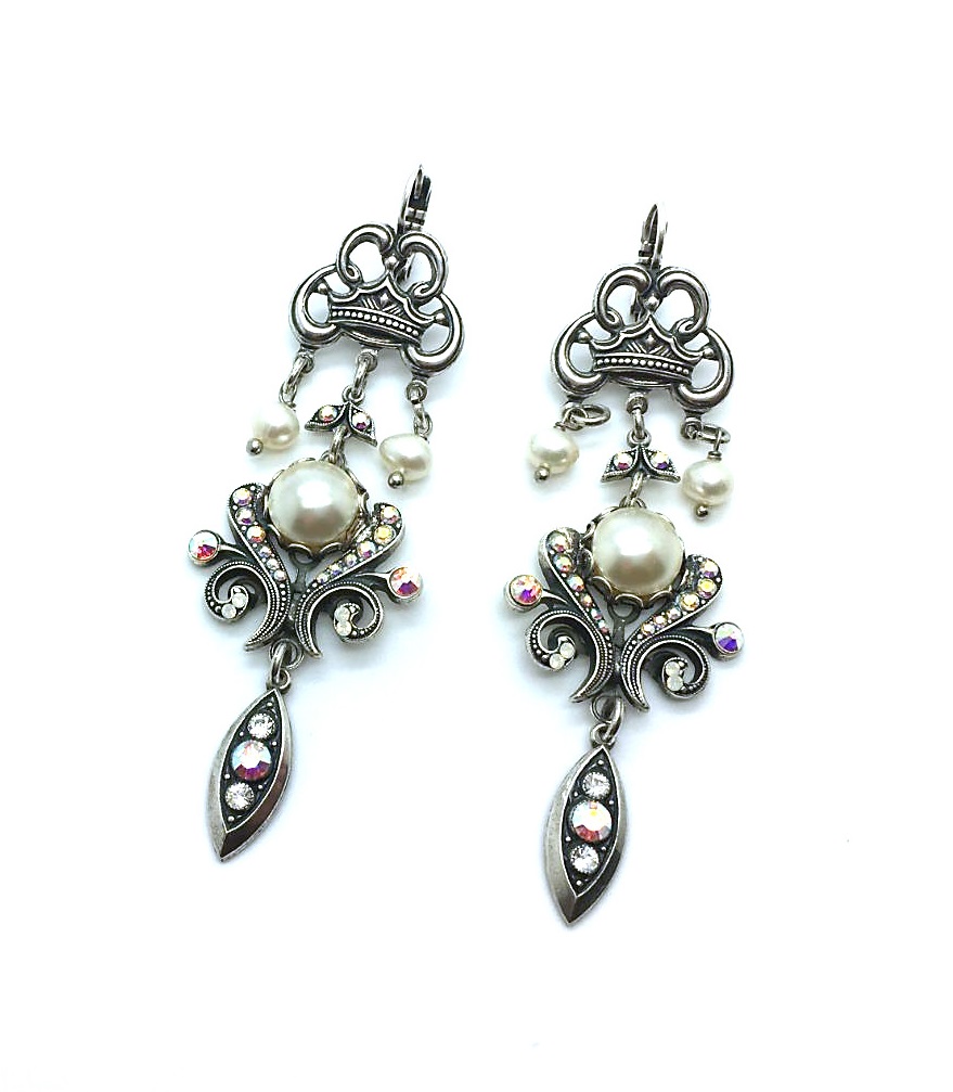 E-1606-001-SP6 (2) Mariana Earrings Finely Detailed Chandelier White Pearl & AB Crystal Swarovski On A Clear Day Sweet Summer Coll. - Image 1