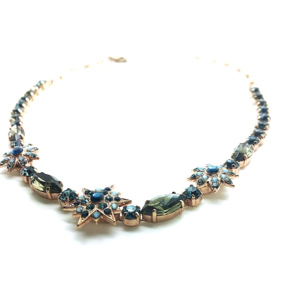 Mariana Necklace Exquisite Flower & Star Shape Beaded Blue Quartz & Khaki Crystal Swarovski Bliss Nirvana Coll.