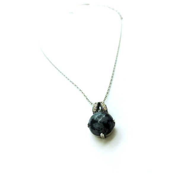 Mariana Necklace Pendant Round Snowflake Obsidian Mineral & Champagne Austrian Crystals Luxury Nirvana Coll.