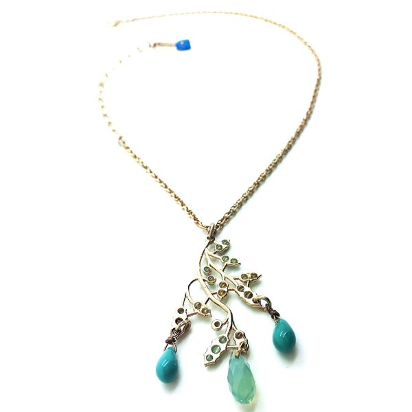 Mariana Necklace Pendant Finely Tree Leaf Branch Beaded Turq & Pacific Opal Crystal Swarovski Blue Lagoon Paradise Coll.