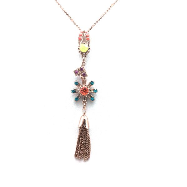 Mariana Necklace Pendant Finely Tassel & Flower Shape Zircon. Sun.,Amethyst, Yellow Opal & Coral Crystal Swarovski Masai Africa Coll.