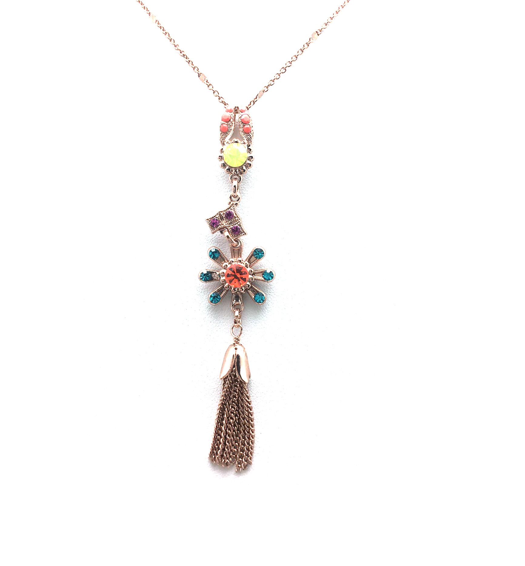 N-5412-1-1077-RG (3) Mariana Necklace Pendant Finely Tassel & Flower Shape Zircon. Sun.,Amethyst, Yellow Opal & Coral Crystal Swarovski Masai Africa Coll. - Image 1