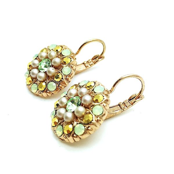 Mariana Earrings Timeless Round Floral Beaded Pale Green, Pearl. Dorado & Chrysolite Opal Crystal Swarovski Iris East Meets West Coll.