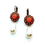 Earrings By Mariana Woman Lovely Dangling Pearl and Flower Shape Orange  Swarovski Crystals - Image 2