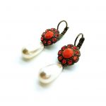 Earrings By Mariana Woman Lovely Dangling Pearl and Flower Shape Orange  Swarovski Crystals