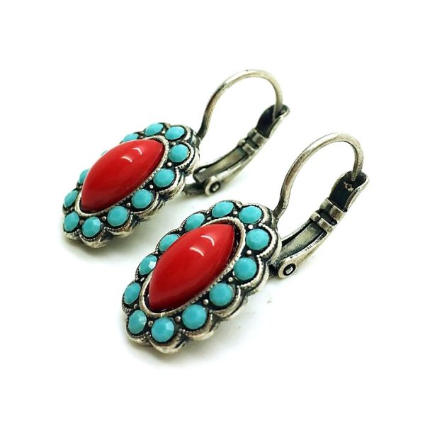 Earrings By Mariana Woman Classy Flower Turquoise and Bright Red Swarovski Crystals
