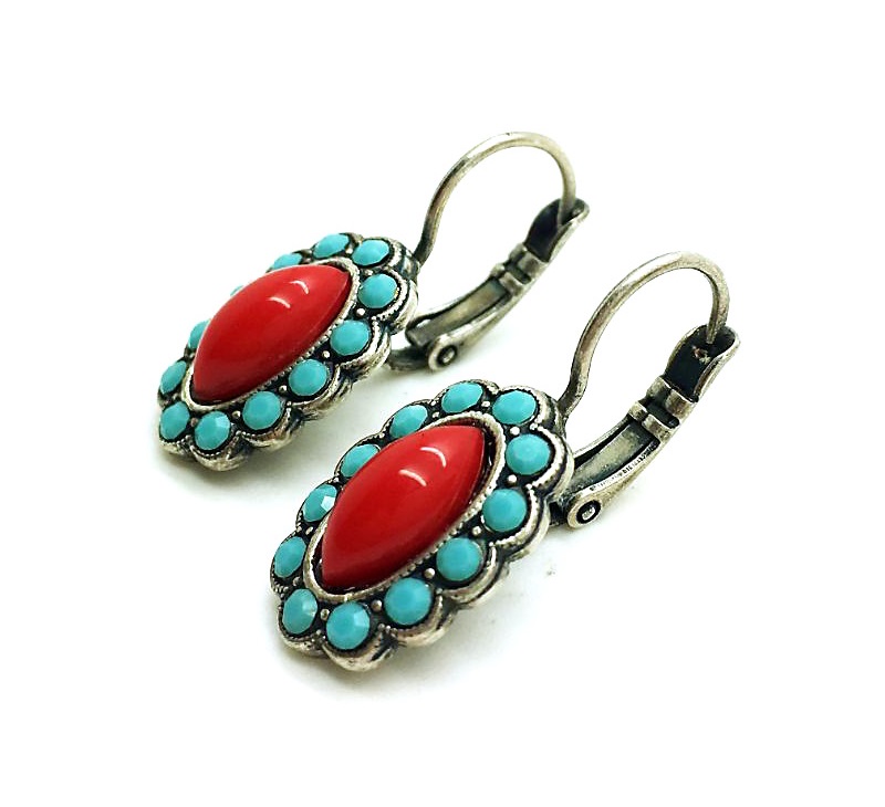 E-1132-3511-SP (1) Earrings By Mariana Woman Classy Flower Turquoise and Bright Red Swarovski Crystals - Image 1