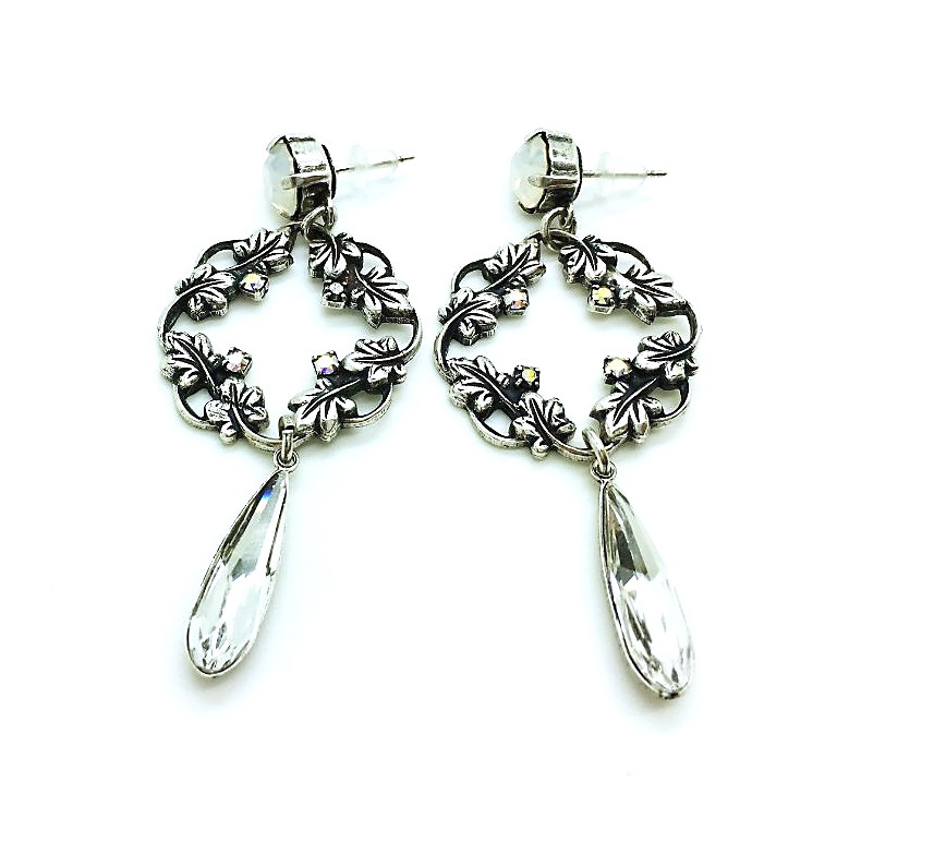 E-1185-2-001-SP2 (1) Mariana Earrings Finely Vine Leaves with White Opal & Clear Swarovski Crystals On A Clear Day Africa Coll. - Image 1