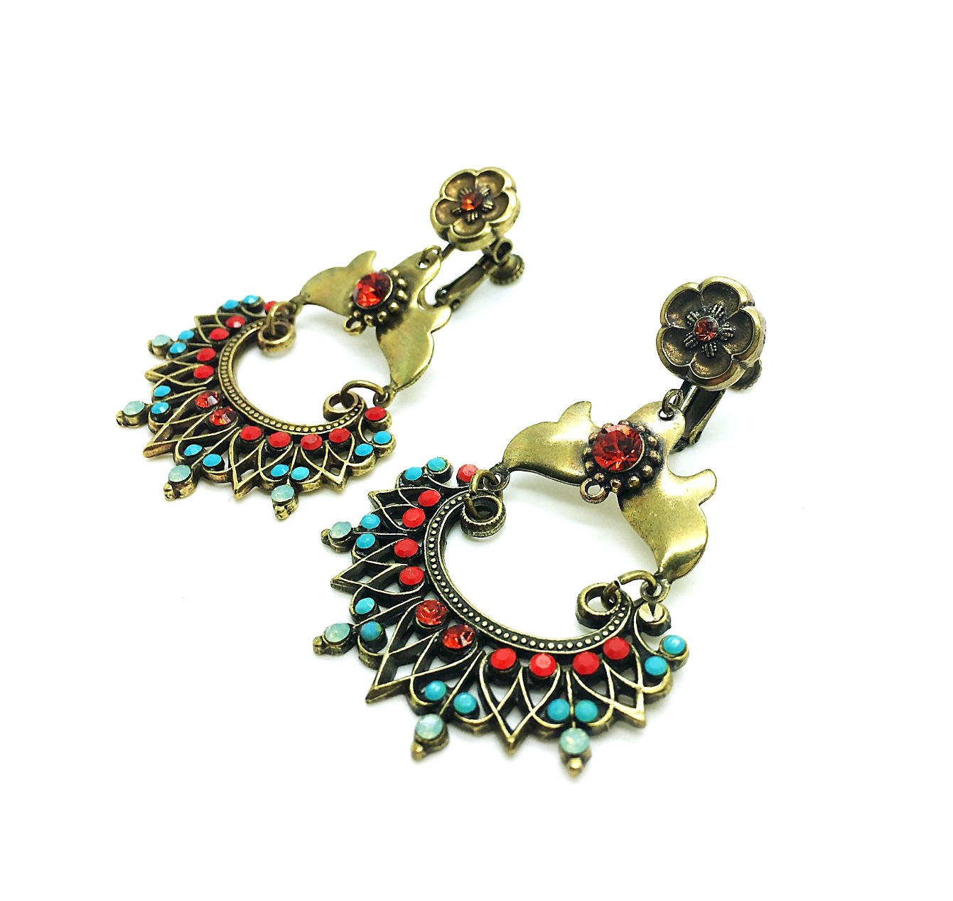 E-1233-3511-AG4 (2) Mariana Earrings Irresistible Chandelier Turquoise, Chrysolite Opal, Siam & Bright Red Swarovski Crystals Moondrops Gypsy Soul Coll. - Image 1