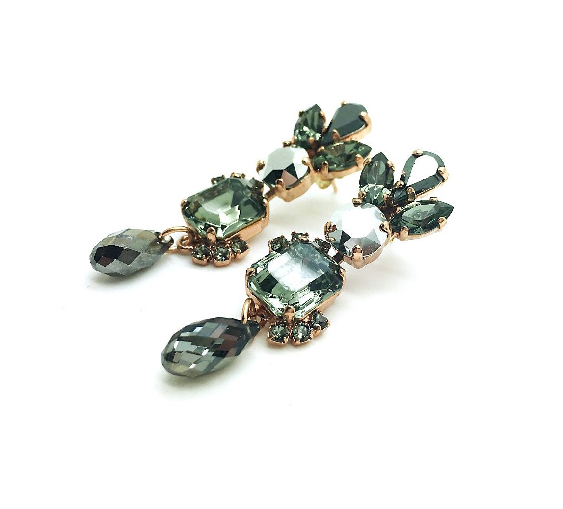 E-1320-2-747-RG2 (2) Mariana Earrings Elegant Chandelier Black Diamond & Jet Hematite Crystal Swarovski Nostalgia Coll. - Image 1