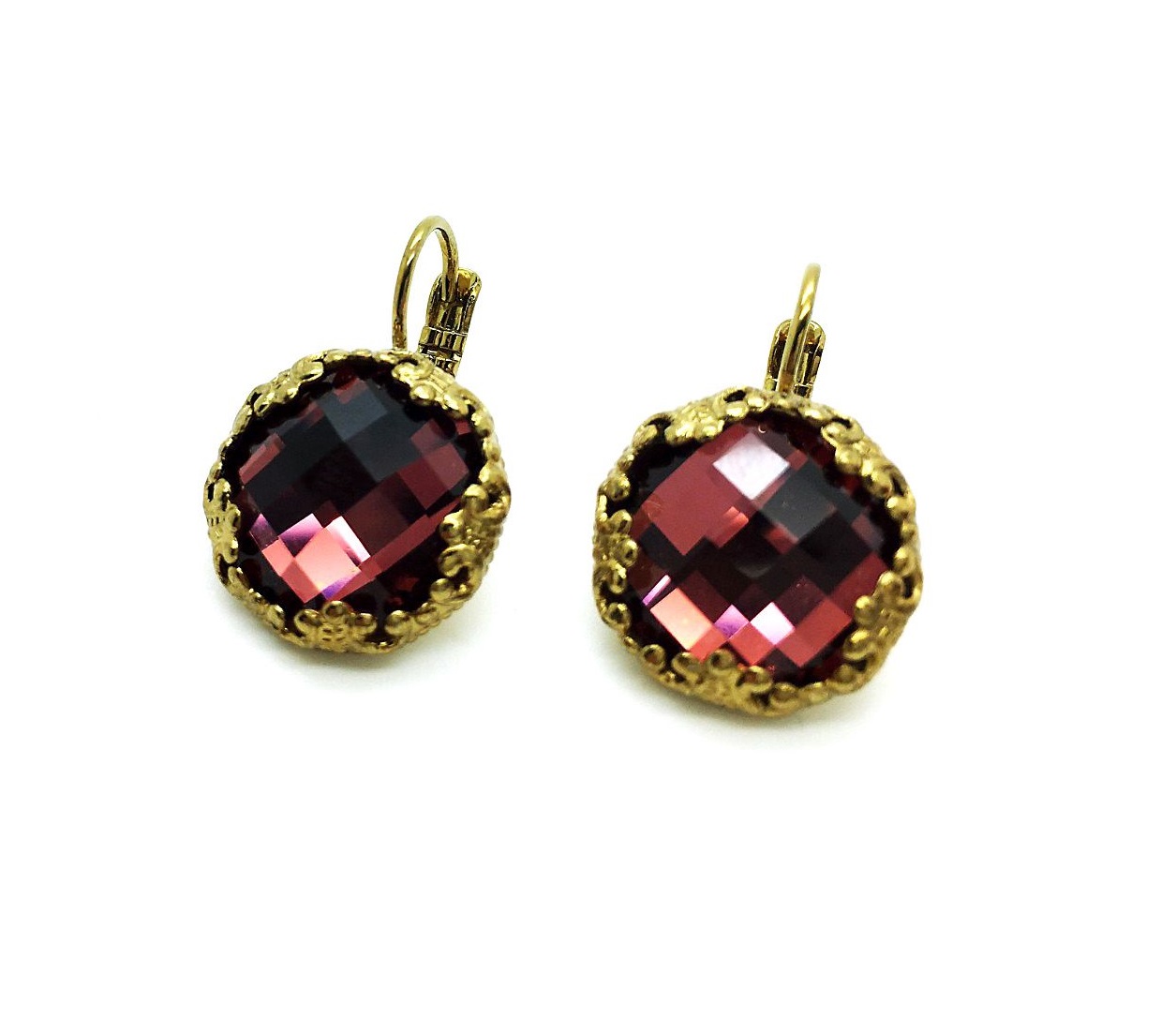 E-1374-515A-EG6 (3) Earrings By Mariana Woman Classy Faceted Burgundy Swarovski Crystal - Image 1