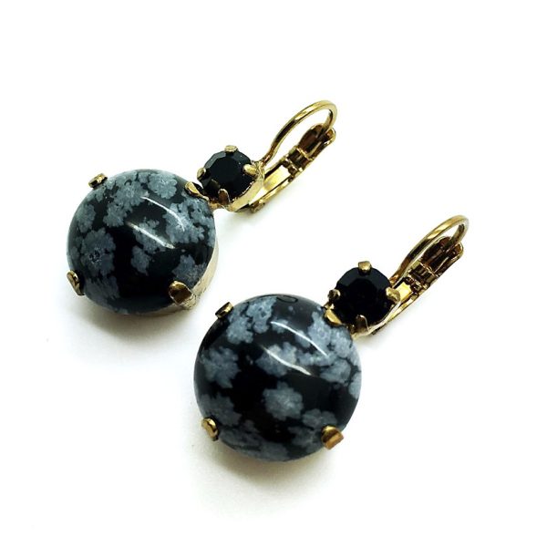 Earrings By Mariana Woman Obsidian Mineral and Black Swarovski Crystals -EG