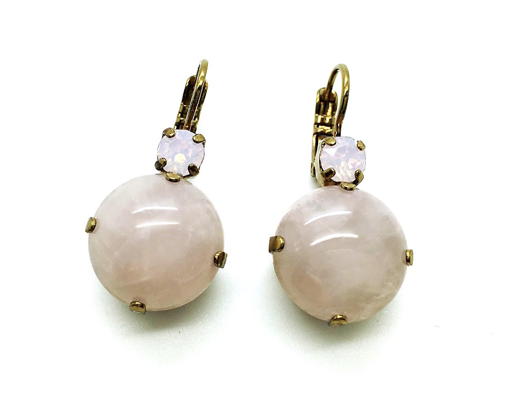 E-1506M-14-EG6 (3) Mariana Earrings Lovely Round Rose Quartz Mineral & White Opal Austrian Crystal My Treasures Coll. - Image 1