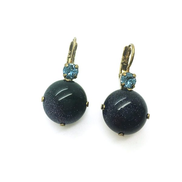 Mariana Earrings Alluring Round Blue Gold Stone Mineral & Sapphire Swarovski Crystal My Treasures Coll.