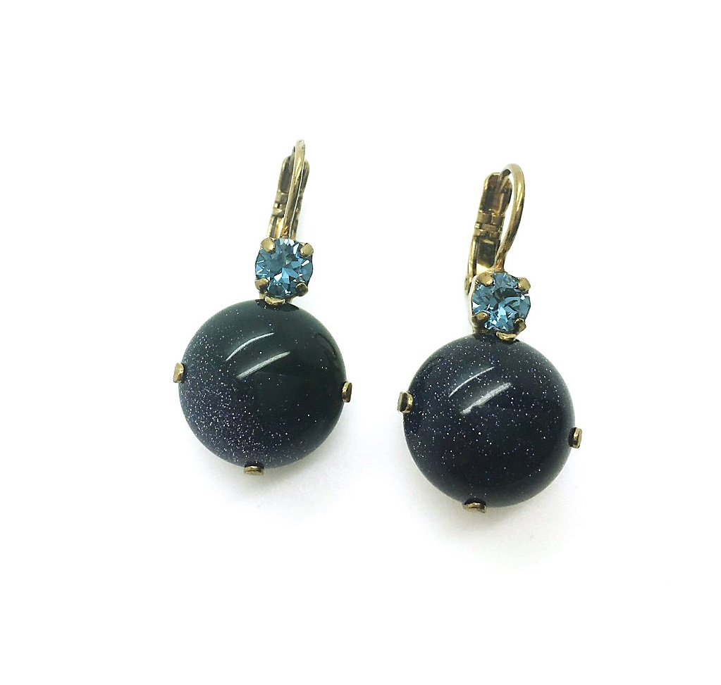 E-1506M-60-EG6 (2) Mariana Earrings Alluring Round Blue Gold Stone Mineral & Sapphire Swarovski Crystal My Treasures Coll. - Image 1