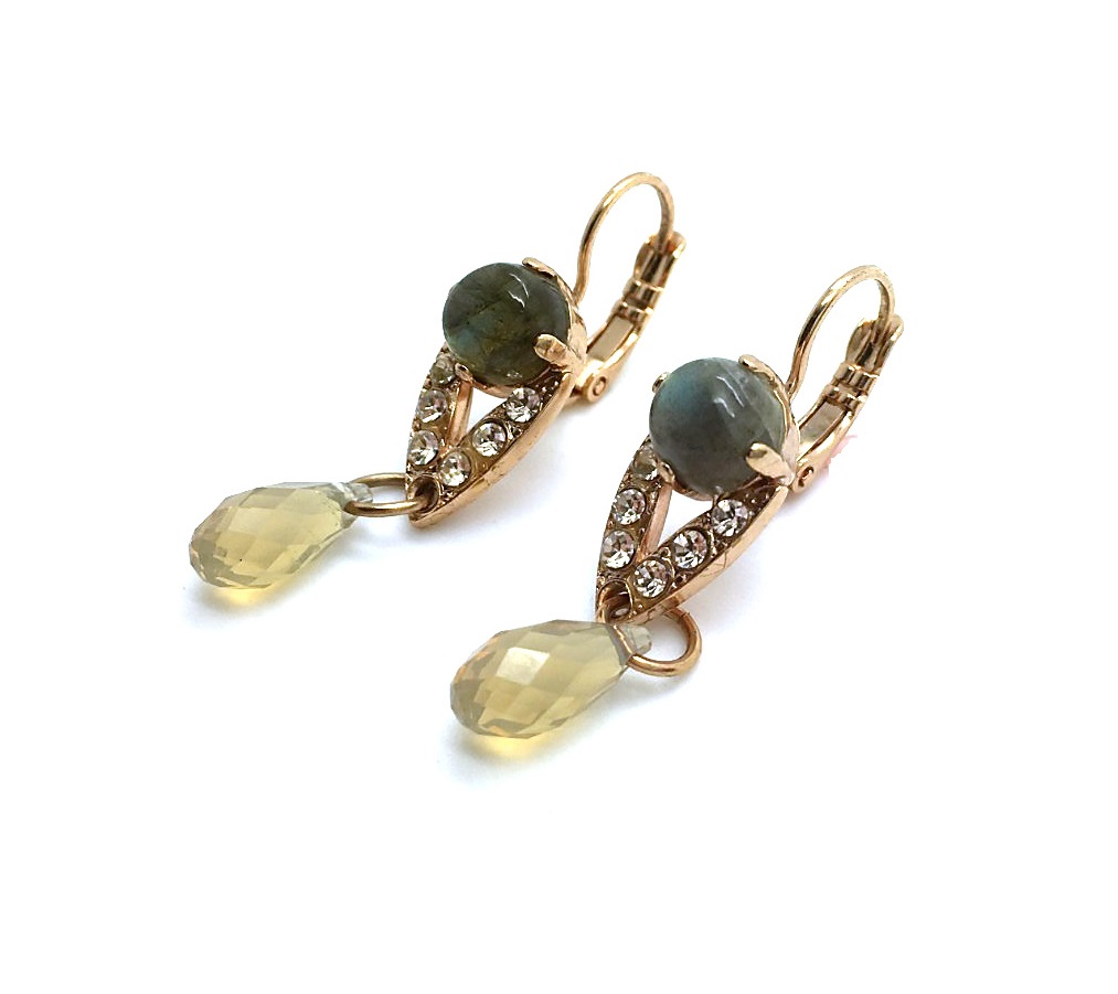 E-1526-1-M1035-RG6 (2) Mariana Earrings Green Aventurine & Clear and Sand Opal Austrian Crystals Luxury Nirvana Coll. - Image 1