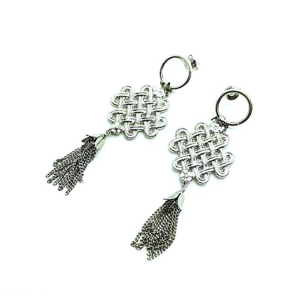 Mariana Earrings Symbolic Rhodium Plated "Good Luck"  Braided Chinese Knot Tassel My Treasures Coll.