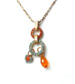 Necklace Pendant By Mariana Woman Double Circle Turquoise and Orange Swarovski Crystals - Image 2