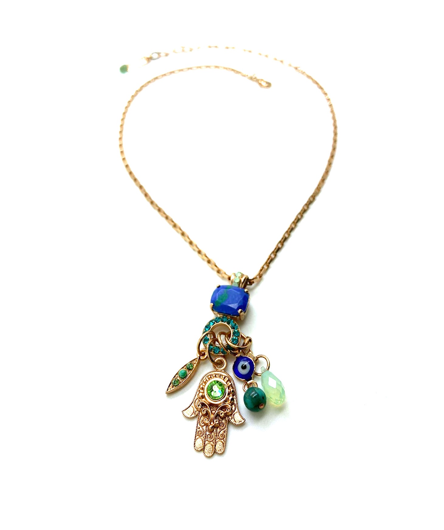 N-5093-5-M1076-RG (1) Mariana Hamsa Pendant Necklace Aventurine, Malachite,Green Quartz & Swarovski Crystals Congo Africa Coll. - Image 1