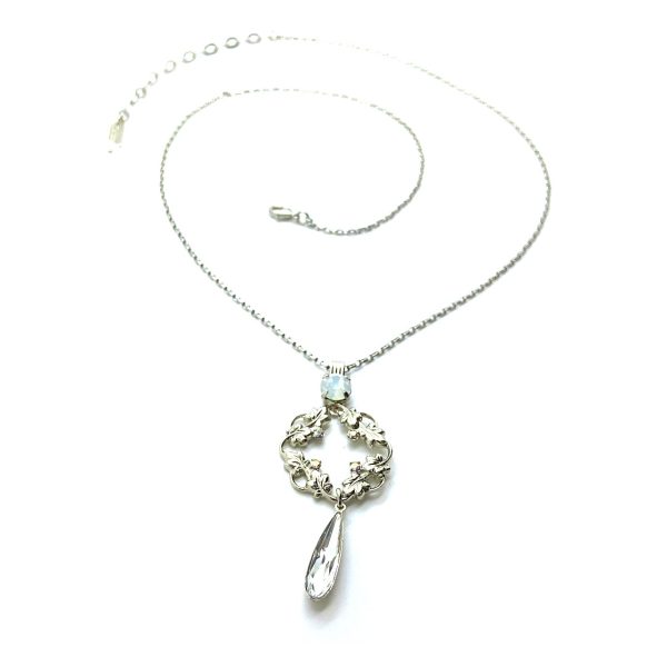 Mariana Necklace Pendant Round Vine Leaves Beaded AB, White Opal & Teardrop Clear Swarovski Crystals On A Clear Day Sweet Summer Coll.