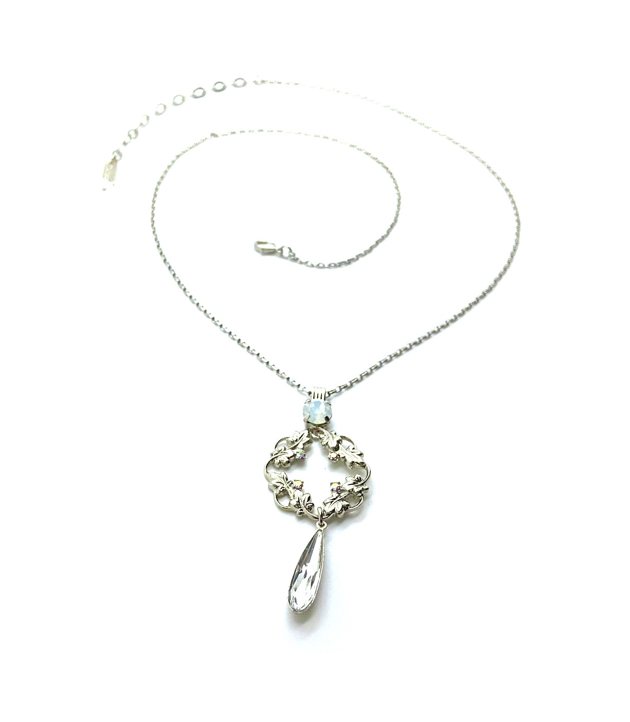 N-5185-2-001-RO (1) Mariana Necklace Pendant Round Vine Leaves Beaded AB, White Opal & Teardrop Clear Swarovski Crystals On A Clear Day Sweet Summer Coll. - Image 1