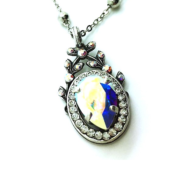 N-52009-001AB-SP (3) Necklace Pendant By Mariana Woman Detail Oval and Vine Leaves AB and Clear Swarovski Crystals - Image 1