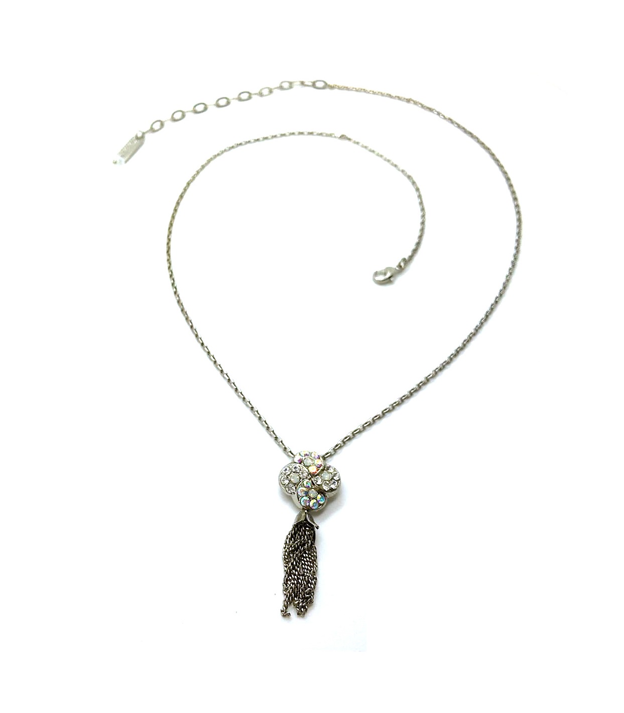 N-5319-4-001-RO (1) Mariana Necklace Pendant Tassel & Clover Shape Beaded AB, Clear & White Opal Swarovski Crystals On A Clear Day Sweet Summer Coll. - Image 1
